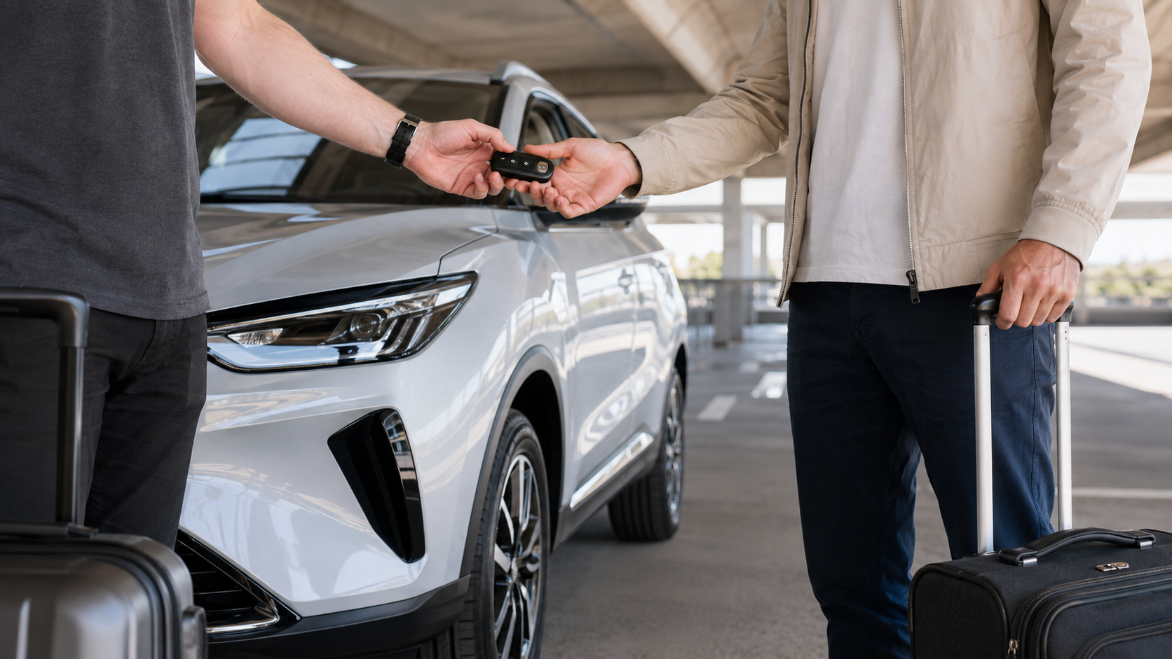 Representative view of a professional rental vehicle key handoff near airport parking